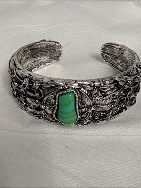 Silver-Tone Filigree Cuff Bracelet with Green Stone